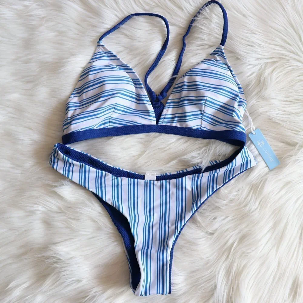 NEW White Blue Stripe Bikini Bathing Suit Swim Set Size Medium Beach Summer Pool